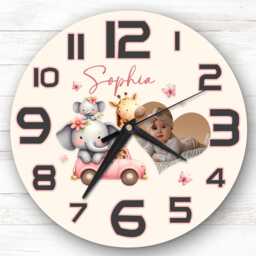 Girls Nursery Safari Animal Personalised Gift For Kid's Bedroom Clock - Kids Clock, Children's , Custom Wall - thumbnail 1