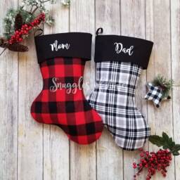Personalized Black & White Plaid Christmas Stocking Handmade Farmhouse Decor - thumbnail 2