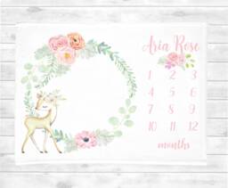 Floral Deer Baby Milestone Blanket-Baby Girl Gift -Baby Month Blanket -Growth Blanket-Personalized - Wreath - thumbnail 1