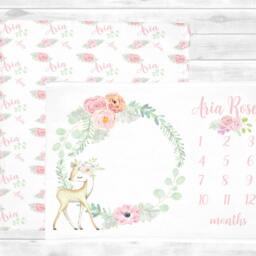 Floral Deer Baby Milestone Blanket-Baby Girl Gift -Baby Month Blanket -Growth Blanket-Personalized - Wreath - thumbnail 3