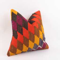 Vintage Turkish Kilim Pillow Cover Handwoven Wool Throw 16x16 - thumbnail 3