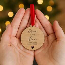 New Home Bauble, Christmas Decorations, Personalised Ornament For Couple, Engraved First House Round Wooden Bauble - thumbnail 3