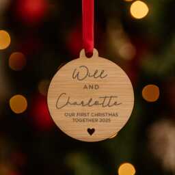 New Home Bauble, Christmas Decorations, Personalised Ornament For Couple, Engraved First House Round Wooden Bauble - thumbnail 2