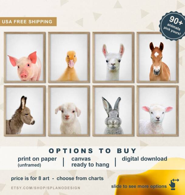 Farmhouse Baby Decor Set Of 8, Farm Pictures, Animal Nursery, Prints, Barn Animals Canvas - image 1
