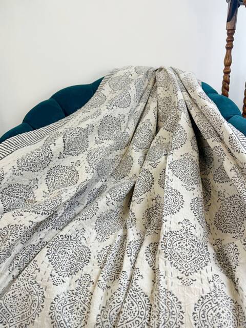 Kantha Stitch Pure Cotton Reversible Bed/Sofa Throw King Size - Handmade Handprinted Floral Dohar Elegant White Grey Tribal Statement Motif - image 1