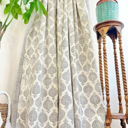 Kantha Stitch Pure Cotton Reversible Bed/Sofa Throw King Size - Handmade Handprinted Floral Dohar Elegant White Grey Tribal Statement Motif - thumbnail 3
