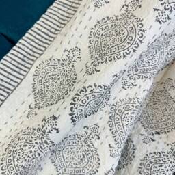 Kantha Stitch Pure Cotton Reversible Bed/Sofa Throw King Size - Handmade Handprinted Floral Dohar Elegant White Grey Tribal Statement Motif - thumbnail 2
