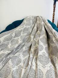 Kantha Stitch Pure Cotton Reversible Bed/Sofa Throw King Size - Handmade Handprinted Floral Dohar Elegant White Grey Tribal Statement Motif - thumbnail 1