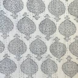 Kantha Stitch Pure Cotton Reversible Bed/Sofa Throw King Size - Handmade Handprinted Floral Dohar Elegant White Grey Tribal Statement Motif - thumbnail 4