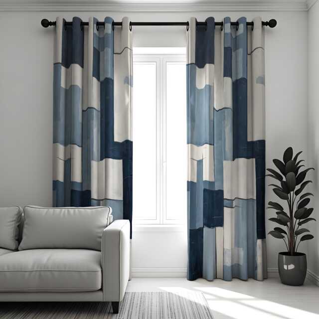 Modern Blue Block Pattern Curtains, Contemporary Navy & Ivory Drapes, Custom Made Window Panels, Eyelet Or Rod Pocket For Living Rooms - image 1