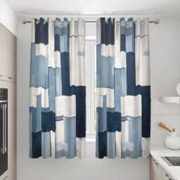 Modern Blue Block Pattern Curtains, Contemporary Navy & Ivory Drapes, Custom Made Window Panels, Eyelet Or Rod Pocket For Living Rooms - thumbnail 3