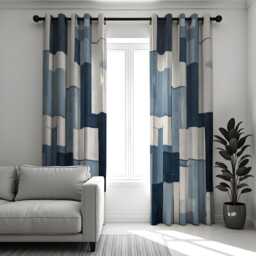 Modern Blue Block Pattern Curtains, Contemporary Navy & Ivory Drapes, Custom Made Window Panels, Eyelet Or Rod Pocket For Living Rooms - thumbnail 1