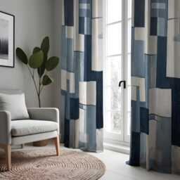 Modern Blue Block Pattern Curtains, Contemporary Navy & Ivory Drapes, Custom Made Window Panels, Eyelet Or Rod Pocket For Living Rooms - thumbnail 2