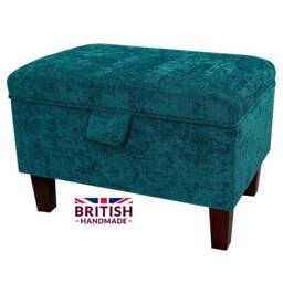 Teal Chenille Handmade Storage Ottoman Footstool - Upholstered Pouffe Toy Box British Bespoke Made - thumbnail 1