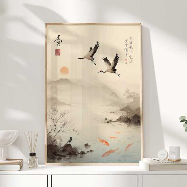 Japanese Crane & Koi Wall Art Print, Serene Ink Wash Landscape Poster, Zen Asian Nature Decor - image 1