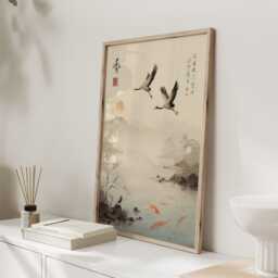 Japanese Crane & Koi Wall Art Print, Serene Ink Wash Landscape Poster, Zen Asian Nature Decor - thumbnail 2
