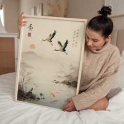 Japanese Crane & Koi Wall Art Print, Serene Ink Wash Landscape Poster, Zen Asian Nature Decor - thumbnail 3