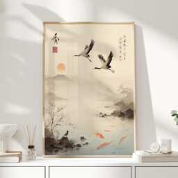 Japanese Crane & Koi Wall Art Print, Serene Ink Wash Landscape Poster, Zen Asian Nature Decor - thumbnail 1