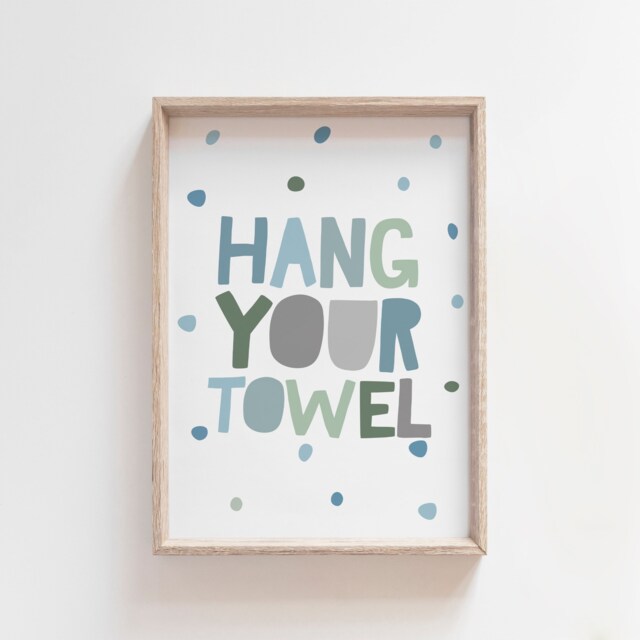 Hang Your Towel Print, Kids Bathroom Prints, Signs, Decor, Girls Nursery Room, Wall Art