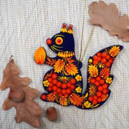 Animal Christmas Ornaments Squirrel & Rabbit Hand Painted On Wood, Wooden Decorations Handmade Traditional Ukrainian - thumbnail 3