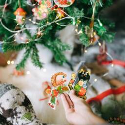 Animal Christmas Ornaments Squirrel & Rabbit Hand Painted On Wood, Wooden Decorations Handmade Traditional Ukrainian - thumbnail 4