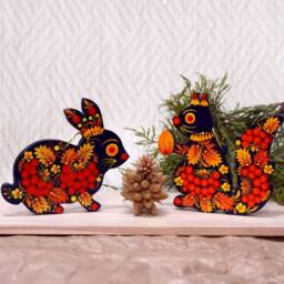 Animal Christmas Ornaments Squirrel & Rabbit Hand Painted On Wood, Wooden Decorations Handmade Traditional Ukrainian