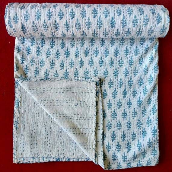 Blue Leaf Print Indian Handmade Kantha Quilt Bedspread Throw Coverlet Home Decor Blanket 108x90 - image 1