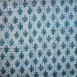 Blue Leaf Print Indian Handmade Kantha Quilt Bedspread Throw Coverlet Home Decor Blanket 108x90 - thumbnail 3