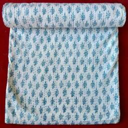 Blue Leaf Print Indian Handmade Kantha Quilt Bedspread Throw Coverlet Home Decor Blanket 108x90 - thumbnail 2