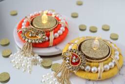 Luxury Hanging Diya Tealight Holder Set Pearl Paisley Embellished - thumbnail 1