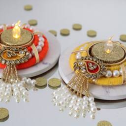 Luxury Hanging Diya Tealight Holder Set Pearl Paisley Embellished - thumbnail 3
