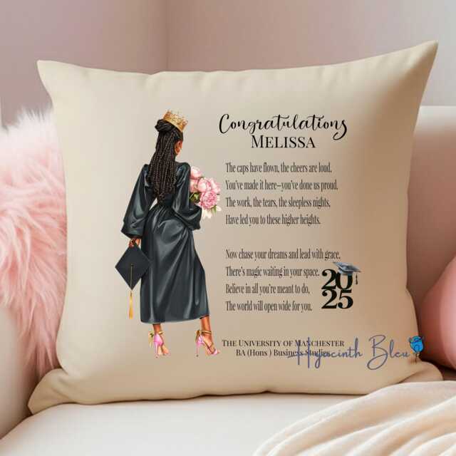 Personalised Black Girl Graduation Cushion - Class Of 2025 Gift Keepsake Pillow Custom Name & University - image 1