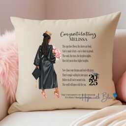 Personalised Black Girl Graduation Cushion - Class Of 2025 Gift Keepsake Pillow Custom Name & University - thumbnail 1