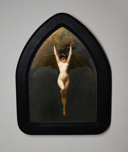 Halloween Black Gothic Arch Wooden Framed Picture, Albert Joseph P??not, Bat Woman Print, Witchy Wall Hanging - image 1