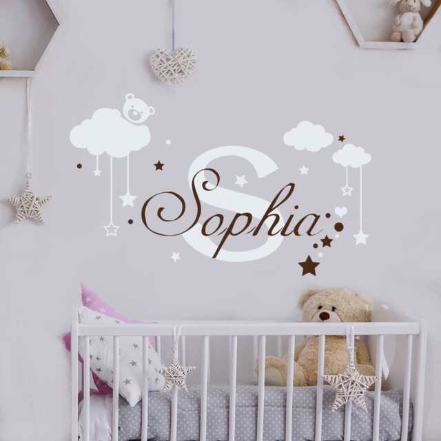 Name Wall Decal. Teddy Bear Nursery. Cloud Nursery Decor. Monogram Star Art. Decor Mm31 - image 1