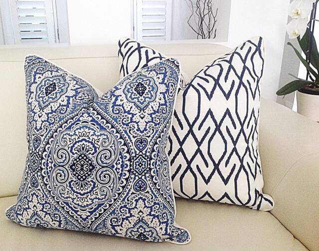 Blue & White Damask Cushion Covers, Hampton's Style Pillows, Decorative Pillow, Cover, Coastal - image 1