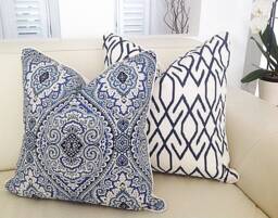 Blue & White Damask Cushion Covers, Hampton's Style Pillows, Decorative Pillow, Cover, Coastal