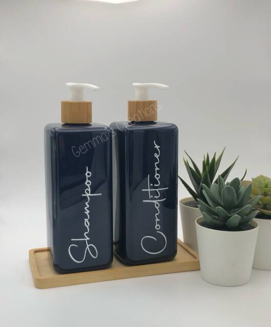 Personalised Navy Blue Square Soap Dispenser Bottle With White Bamboo Pump 500Ml - image 1