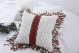 Christmas Knit Pillow, Raffia Pillow Cover, Red Green Christmas Cushion, Crochet Pillow, Hand Knit Xmas Decor Gift - thumbnail 1