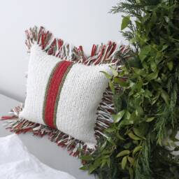 Christmas Knit Pillow, Raffia Pillow Cover, Red Green Christmas Cushion, Crochet Pillow, Hand Knit Xmas Decor Gift - thumbnail 2