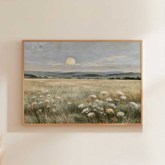 Moon Meadow Poster, Wildflower Landscape Print, Nature Wall Art, Paper - image 1