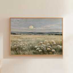 Moon Meadow Poster, Wildflower Landscape Print, Nature Wall Art, Paper - thumbnail 1