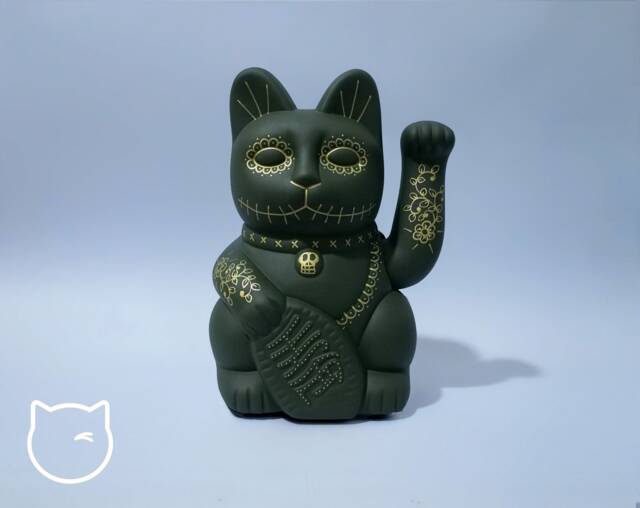 Olive & Gold Catrina Day Of The Dead Lucky Cat Hand Painted Maneki Neko - 7 Inch - image 1