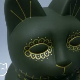 Olive & Gold Catrina Day Of The Dead Lucky Cat Hand Painted Maneki Neko - 7 Inch - thumbnail 2