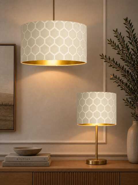 New Luxury High Quality Silk Cream Magnolia Geometric Honeycomb Pattern Drum Lamp Shade Suitable For All Tables & Ceilings - image 1