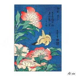 Japanese Ukiyo-E Art Print Poster Woodblock Wall Decor Hokusai Flower Floral Peonies Canary Bird Tattoo Beautiful Japan Calligraphy Haiku - thumbnail 3