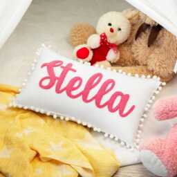 Personalized Name Punch Needle Pillow, Baby Shower Gift, Toddler Birthday Nursery Decor, Custom Christmas Pom Trip - thumbnail 3