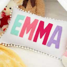 Personalized Name Punch Needle Pillow, Baby Shower Gift, Toddler Birthday Nursery Decor, Custom Christmas Pom Trip - thumbnail 2