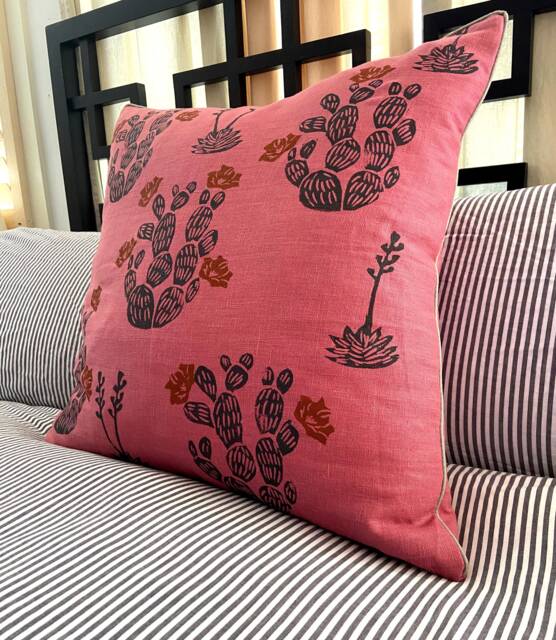 Rose Pink Linen Cactus Print Pillow - image 1
