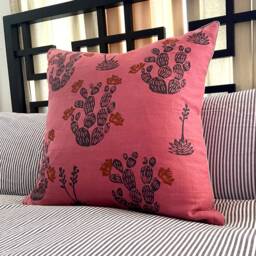 Rose Pink Linen Cactus Print Pillow - thumbnail 2
